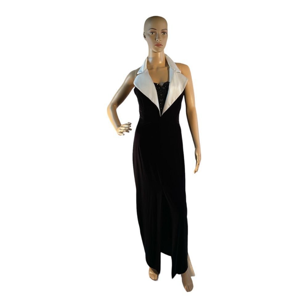 EVER BEAUTY Black Velvet Evening Gown with White Satin Detail SIZE 8